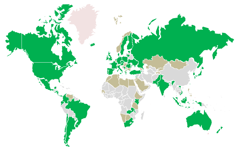 Distribución geográfica de los asistentes. (En verde los países registrados; en marrón los pertenecientes a ICN no registrados y en gris lo no pertenecientes a ICN). 