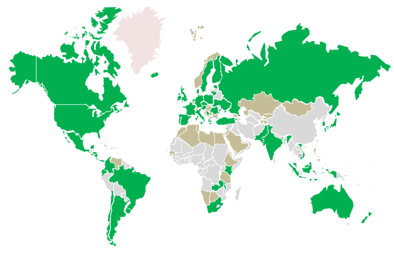 Distribución geográfica de los asistentes. (En verde los países registrados; en marrón los pertenecientes a ICN no registrados y en gris lo no pertenecientes a ICN).
